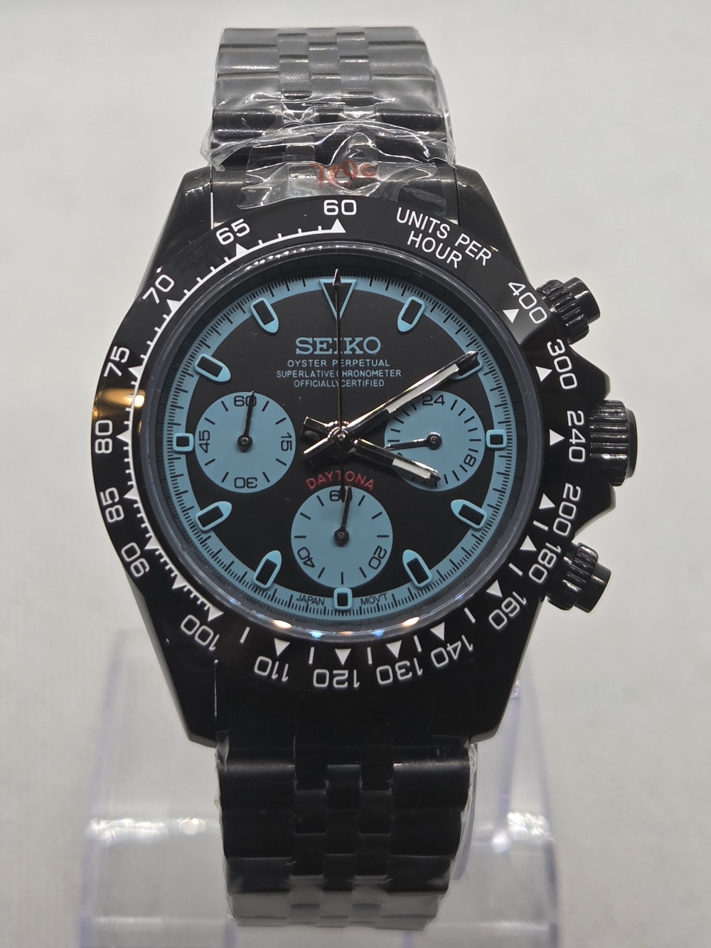 Custom 40mm Seiko Mod Watch Black with Teal and Black Dial